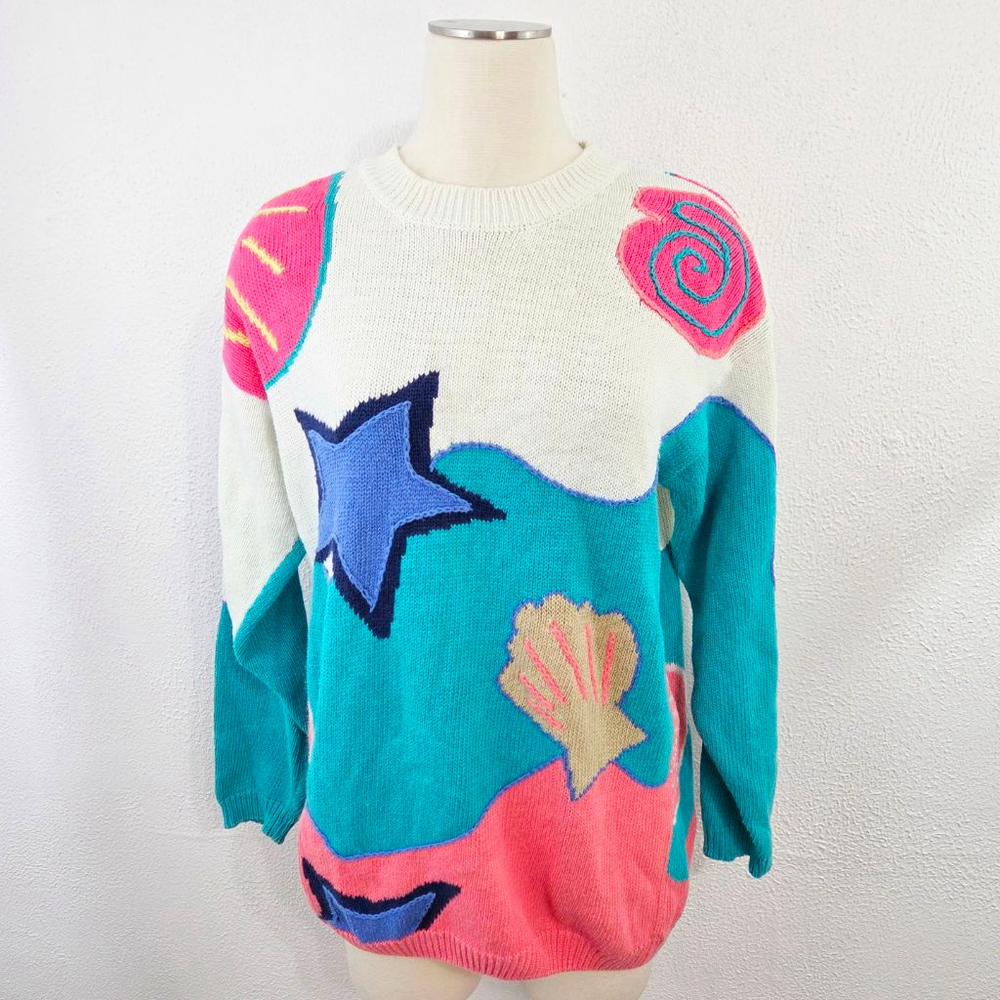 Vintage 80s beach sweater colorful neon pink aqua starfish seashells size large